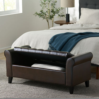 Hayes Contemporary Armed Storage Bench With Button Tufting - Brown