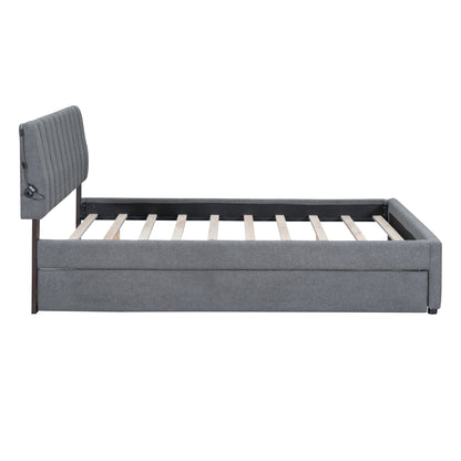 Queen Size Upholstered Platform Bed With Twin Long Trundle - Gray