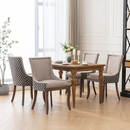 Ultra Side Dining Chair, Thickened Fabric Chairs With Neutrally Toned Solid Wood Legs, Bronze Nail Head, (Set of 2) - Beige / Patterned