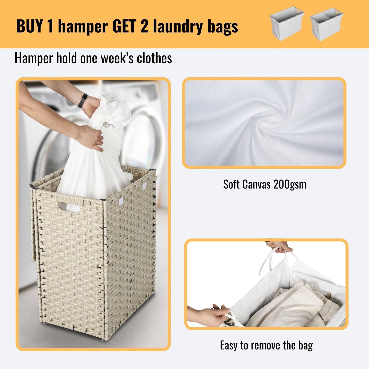 Laundry Hamper With Lid PE Rattan Powder Coating Frame Clothes Hampers With 2 Removable Bags, 100L - Gray