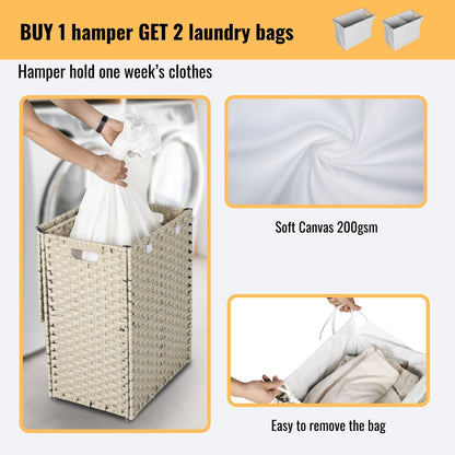 Laundry Hamper With Lid PE Rattan Powder Coating Frame Clothes Hampers With 2 Removable Bags, 100L - Gray