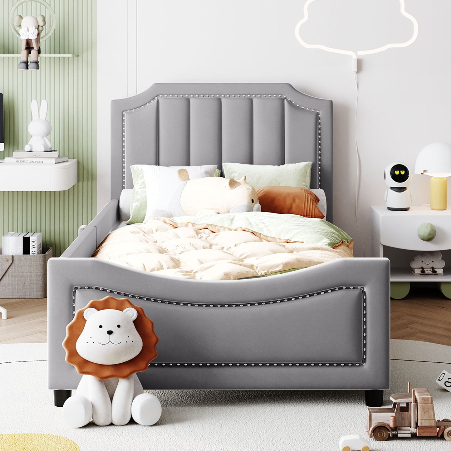 Twin Size Upholstered Daybed With Classic Stripe Shaped Headboard - Gray