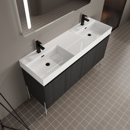 Deluxe 60" Freestanding Bathroom Vanity With Resin Double Sink - Dark Oak