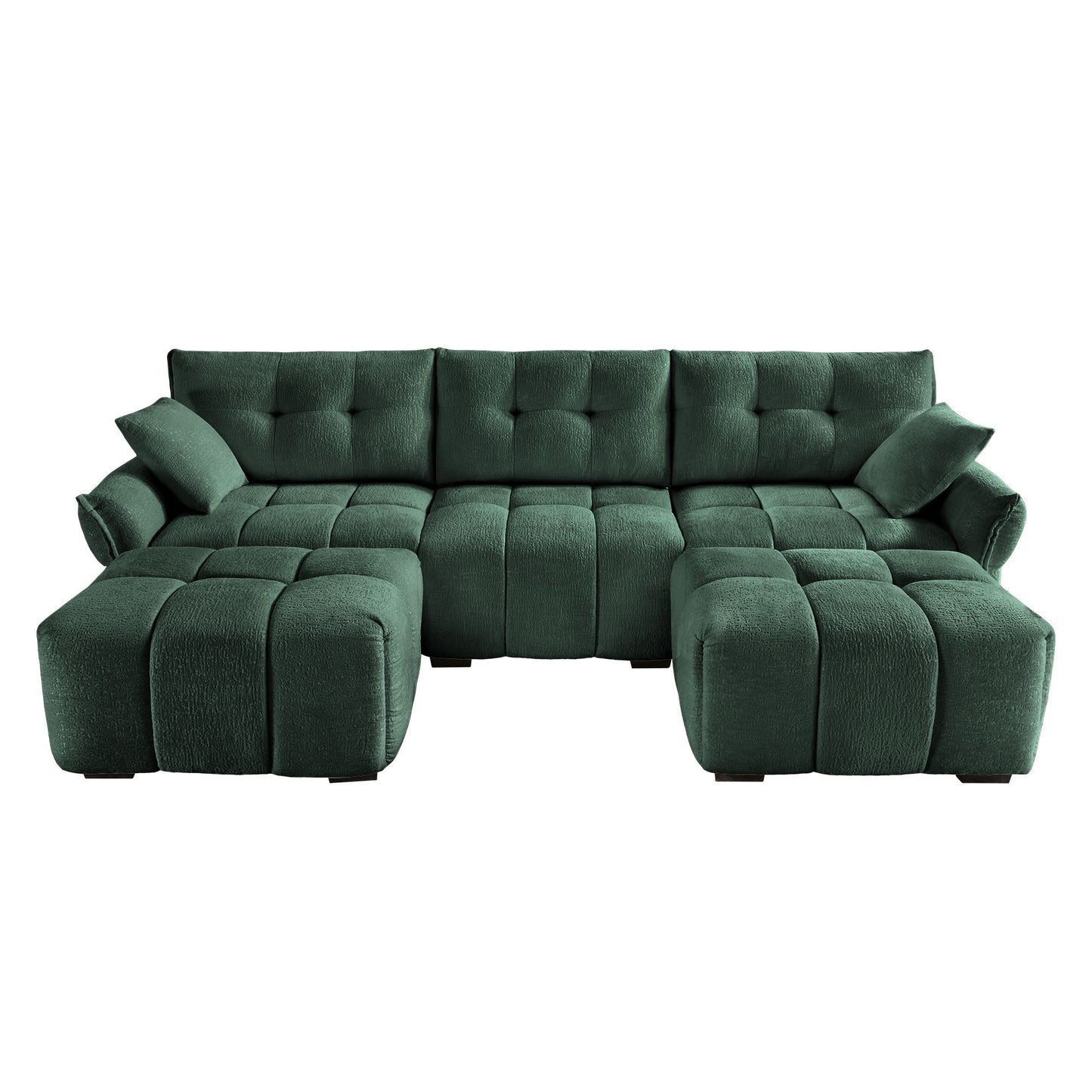 Elegant Textured 3 Seater Sofa Set With Ottoman And Throw Pillows Frame - Green