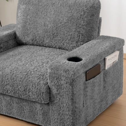 Oversized Chaise Lounge Indoor Rabbit Fur Sofa Bed With Storage Ottoman And Armrests Cup Holders With Deep Seat - Gray