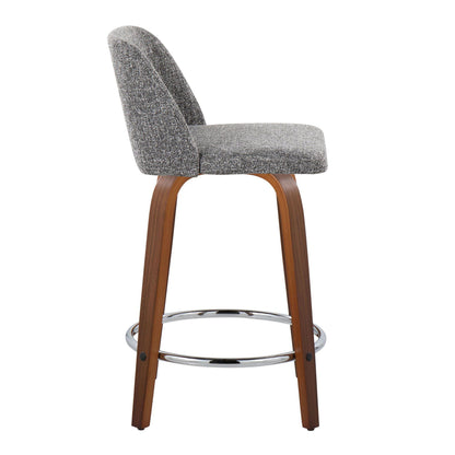 Toriano - Mid-Century Modern Fixed Height Counter Stool / Swivel And Round Footrest (Set of 2) - Walnut / Gray