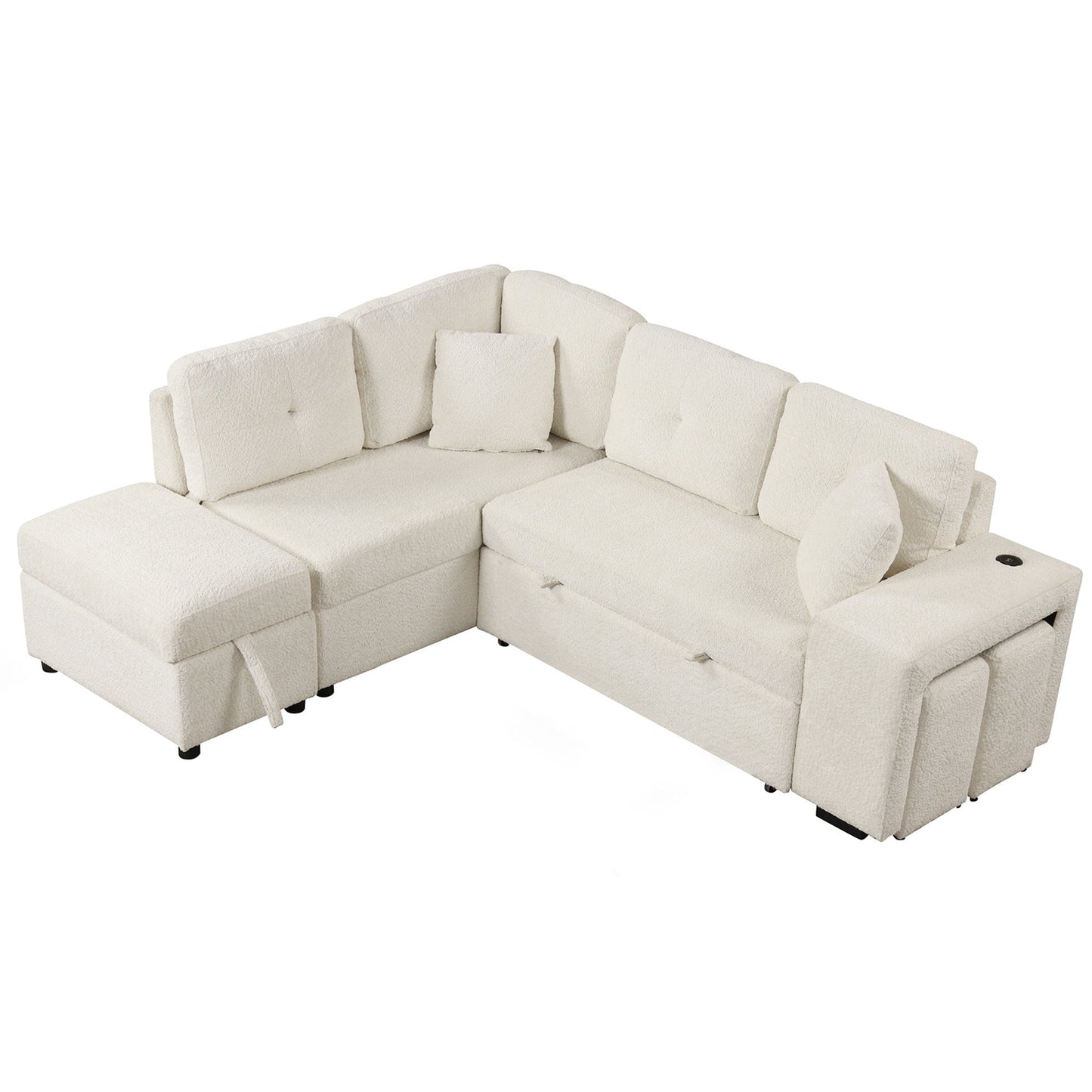 Convertible Sleeper, Sectional Pull Out Sofa Bed With Storage Ottoman, 2 Throw Pillows, 2 Stools, Wireless Charger And Two Hidden USB Ports For Living Room - Cream