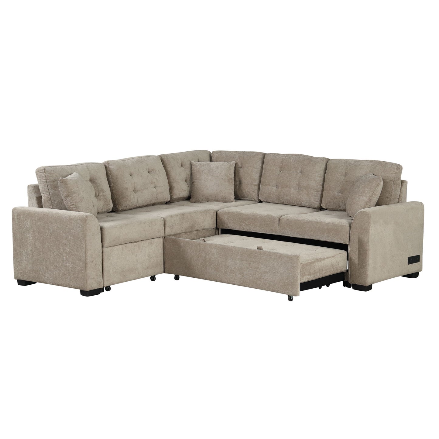 L-Shape Sofa Bed Pull-Out Sleeper Sofa With Wheels, USB Ports, Power Sockets For Living Room - Khaki