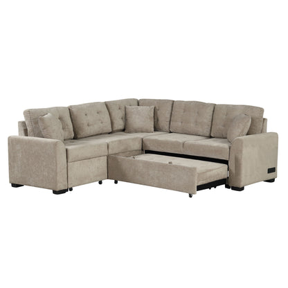 L-Shape Sofa Bed Pull-Out Sleeper Sofa With Wheels, USB Ports, Power Sockets For Living Room - Khaki
