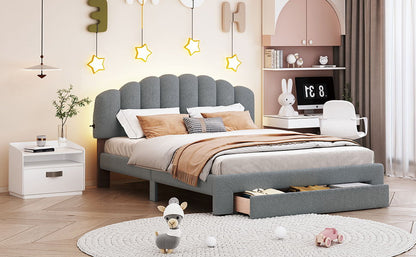 Queen Size Upholstered Platform Bed With Drawer - Gray