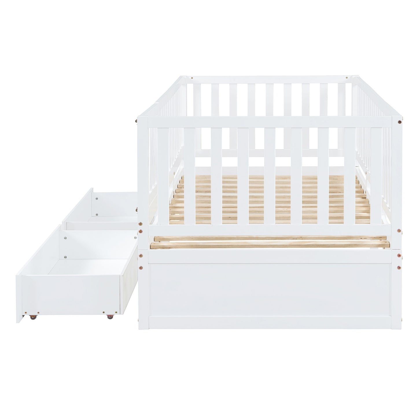Twin Size Daybed With Fence Guardrails And 2 Drawers, Split Into Independent Floor Bed & Daybed - White