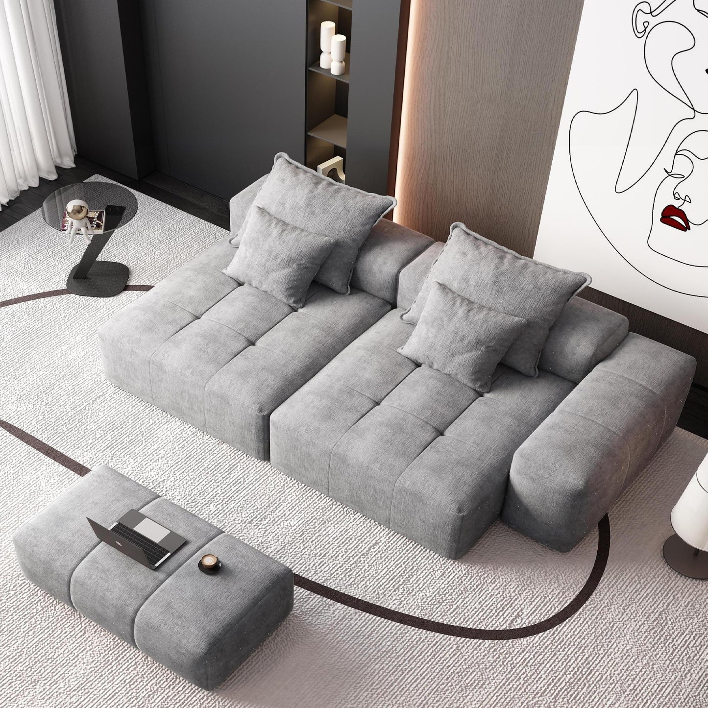 Modern Oversized Modular Sectional Sofa With 2 Chaise Lounge And 2 Armrest, Sparkling Chenille Fabric Soft Cushion Sofa With 4 Pillows, 4 Pieces Diy Combination Tufted Sofa, No Assembly Required - Gray