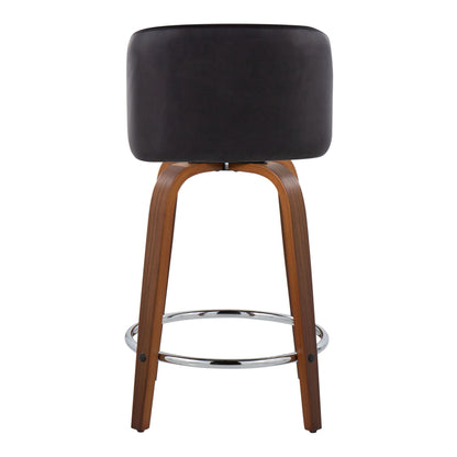 Toriano - Mid-Century Modern Fixed Height Counter Stool With Swivel And Round Footrest (Set of 2) - Walnut / Black
