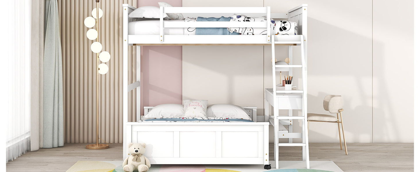 Full Over Full Bunk Bed With Desk - White