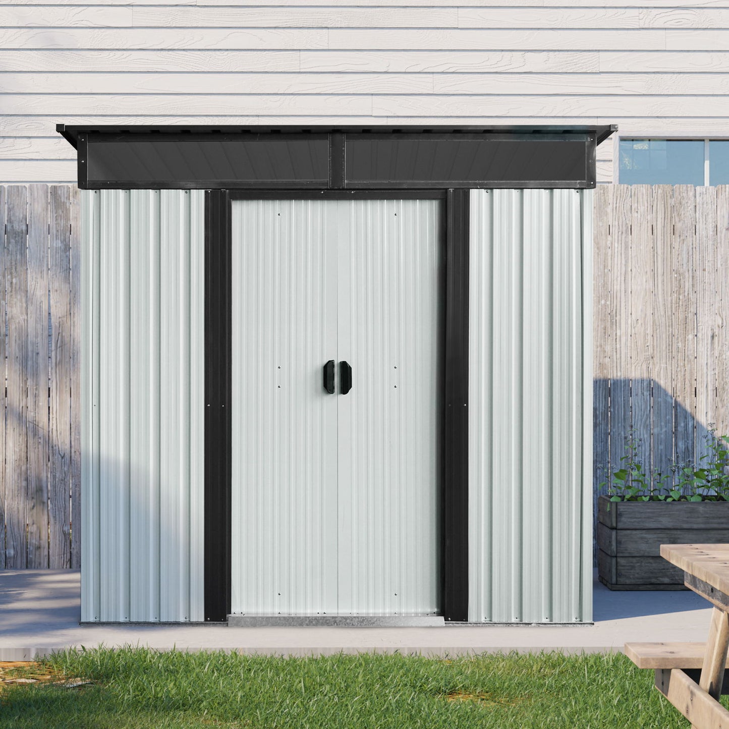 6Ft X 5Ft Outdoor Metal Storage Shed With Lockable Sliding Doors And Transparent Plate For Garden, Lawn - White / Black