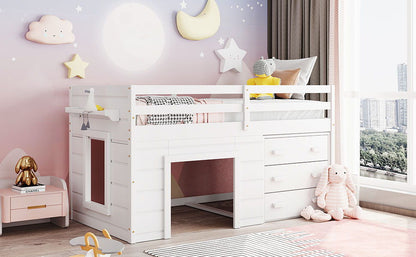 Twin Size Loft Bed With Cabinet And Shelf - White