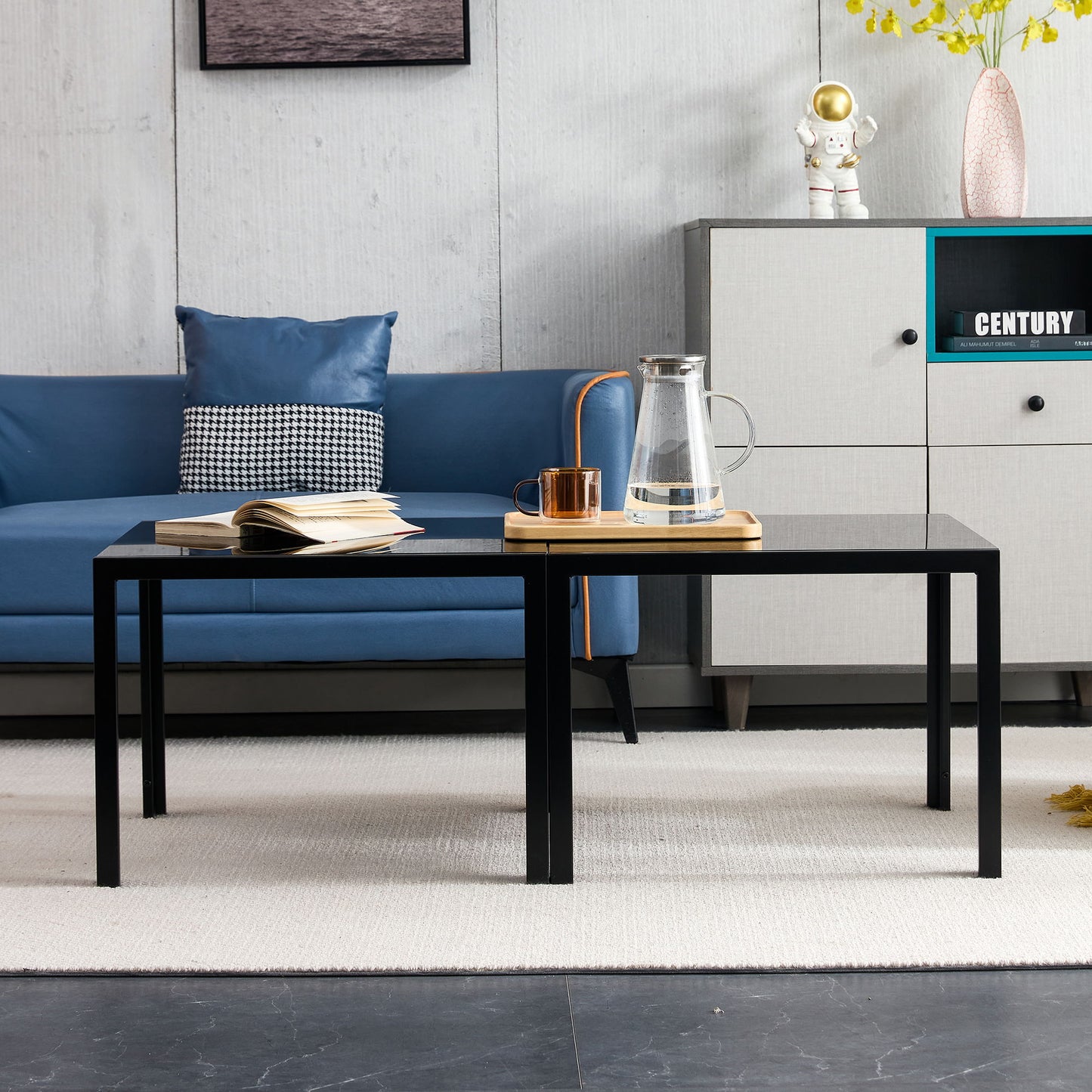 Coffee Table (Set of 2), Square Modern Table With Tempered Glass Finish For Living Room - Black