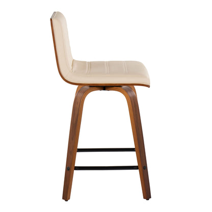 Vasari - Mid-Century Modern Fixed Height Counter Stool With Swivel With Square Footrest (Set of 2) - Walnut / Cream