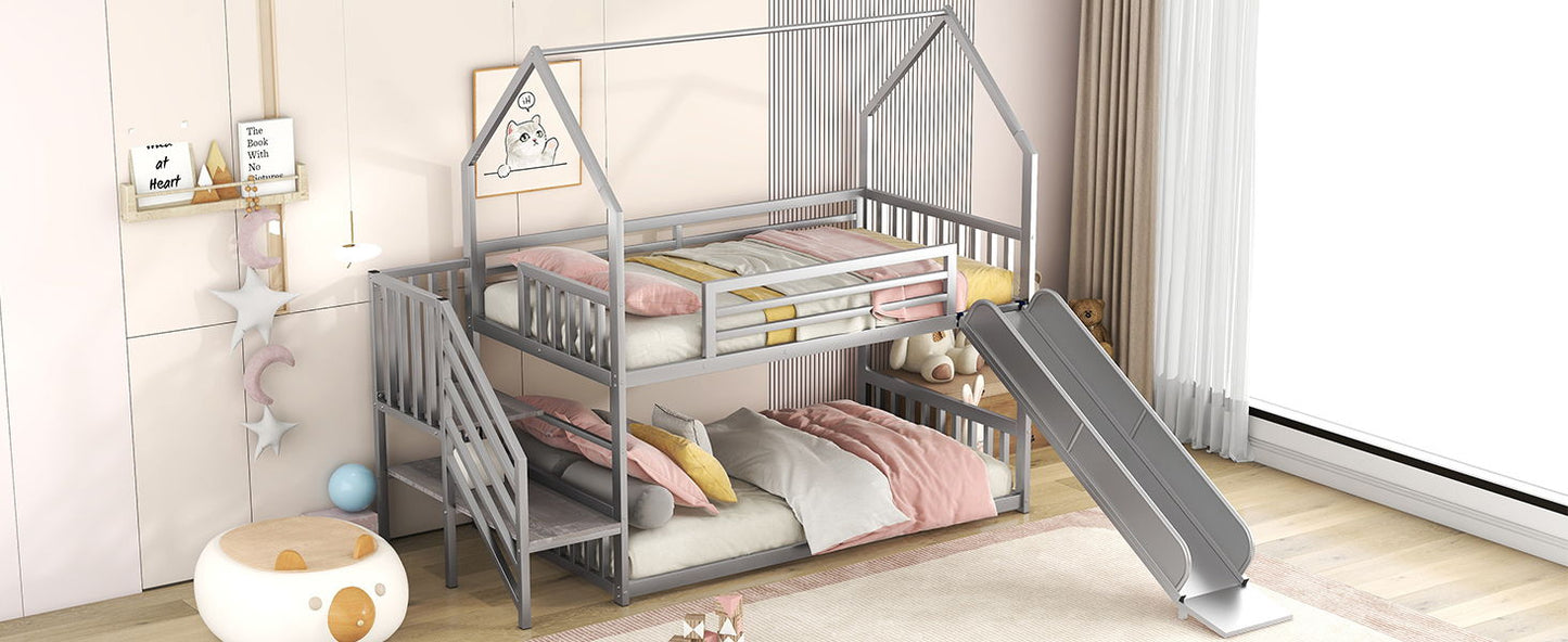 Twin Over Twin Metal Bunk Bed House Bed With Slide And Staircase - Silver