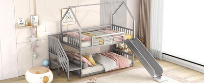 Twin Over Twin Metal Bunk Bed House Bed With Slide And Staircase - Silver