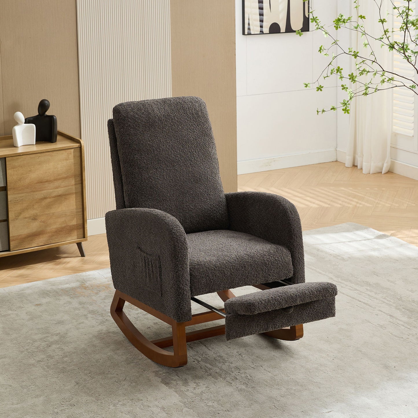 Rocking Chair For Nursery, High Back Glider Chair With Retractable Footrest, Side Pocket, Rocking Accent Armchair With Rubber Wood Legs For Living Room / Bedroom - Charcoal