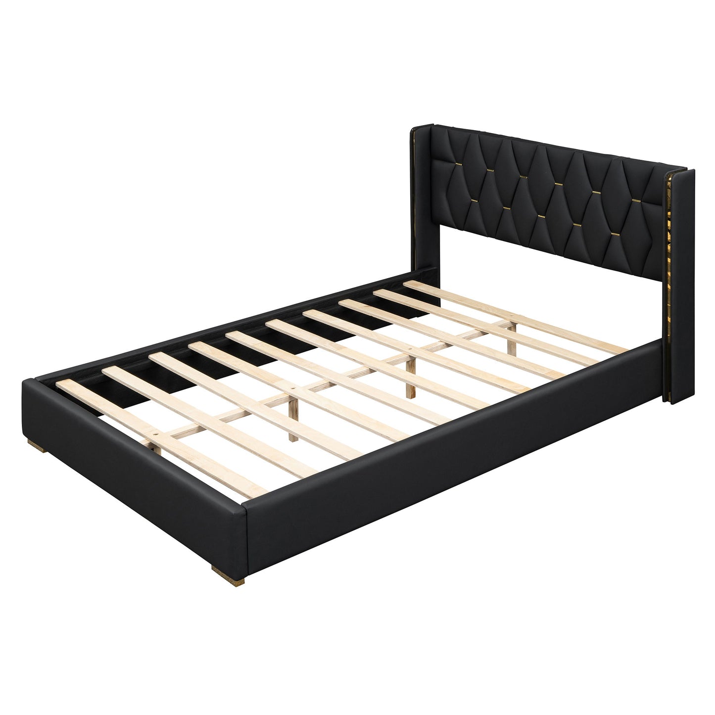 Full Size Upholstered Platform Bed With Strips - Black