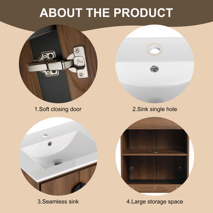 Modern 24'' Bathroom Vanity With Top Sink Storage Cabinet - Brown