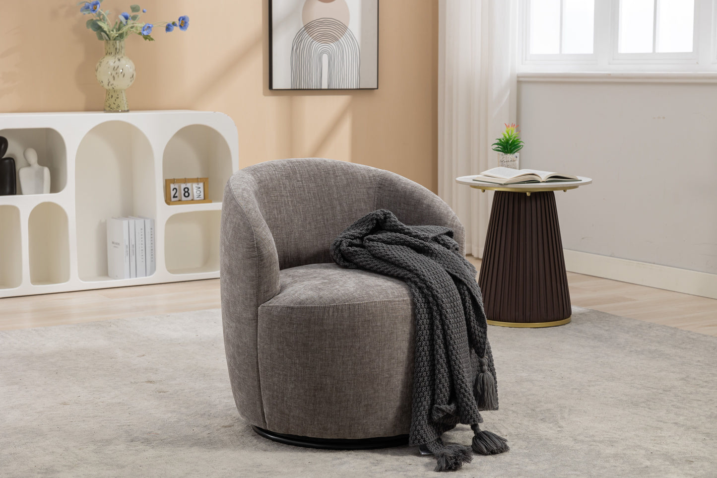 Chenille Fabric Swivel Accent Armchair Barrel Chair With Black Powder Coating Metal Ring - Gray