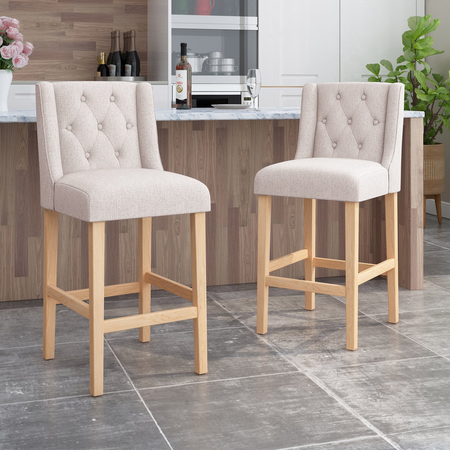 Ethereon - Fabric Tufted Counter Stool (Set of 2) - Beige