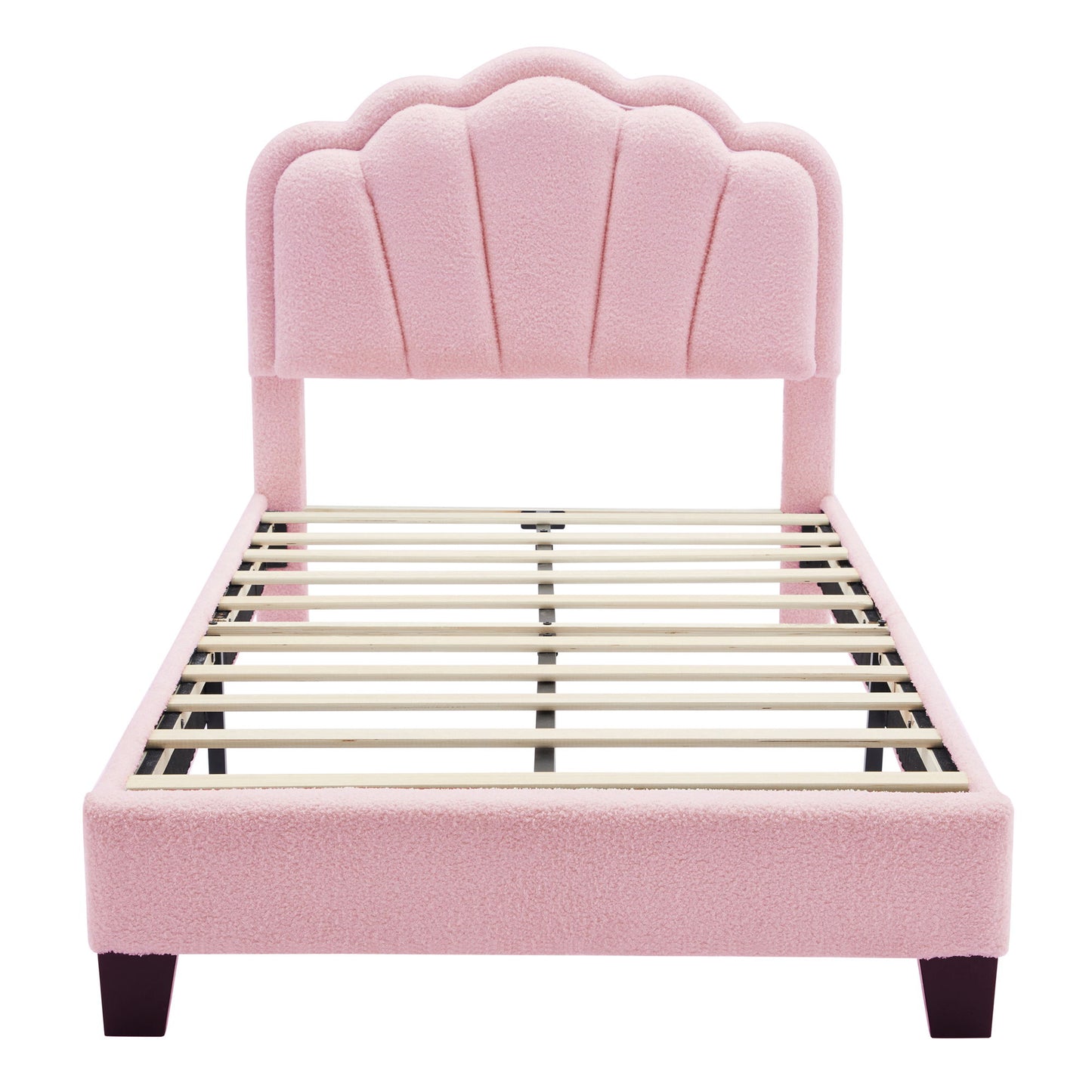 Twin Size Upholstered Flower-Shape Bed, Elegant Flowers Headboard With LED Light Strip, Sherpa Fabric Platform Bed With Slats Support - Pink