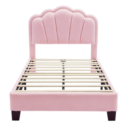 Twin Size Upholstered Flower-Shape Bed, Elegant Flowers Headboard With LED Light Strip, Sherpa Fabric Platform Bed With Slats Support - Pink