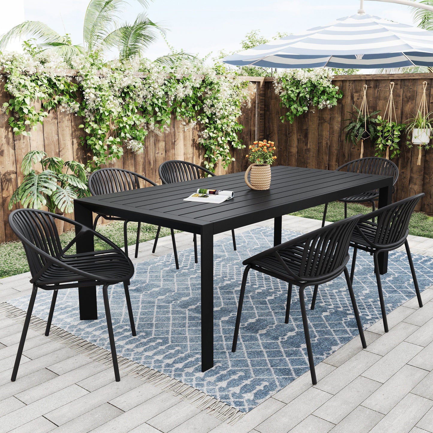 Modern Metal And Polypropylene 7 Piece Outdoor Dining Set With Stackable Chairs - Black