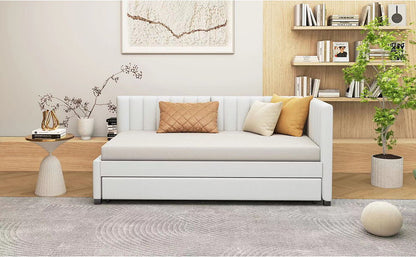 Twin Size Sofa Bed Upholstered Daybed With Trundle Frame No Box Spring Needed, Linen - Beige