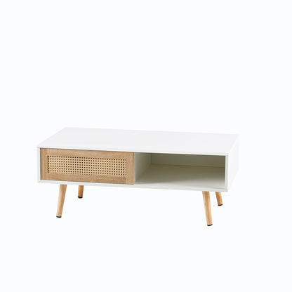 41.34" Rattan Coffee Table, Sliding Door For Storage, Solid Wood Legs, Modern Table For Living Room - White