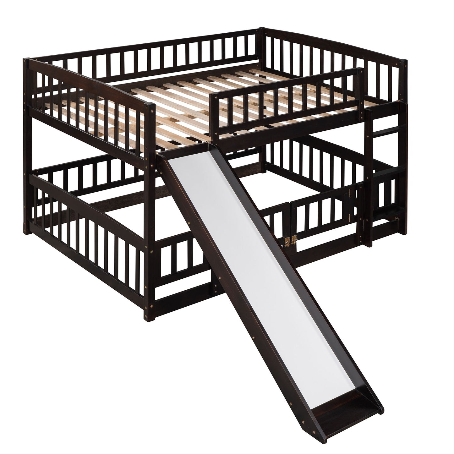 Full Over Full Low Bunk Bed With Slide, Fence And Ladder For Toddler - Espresso
