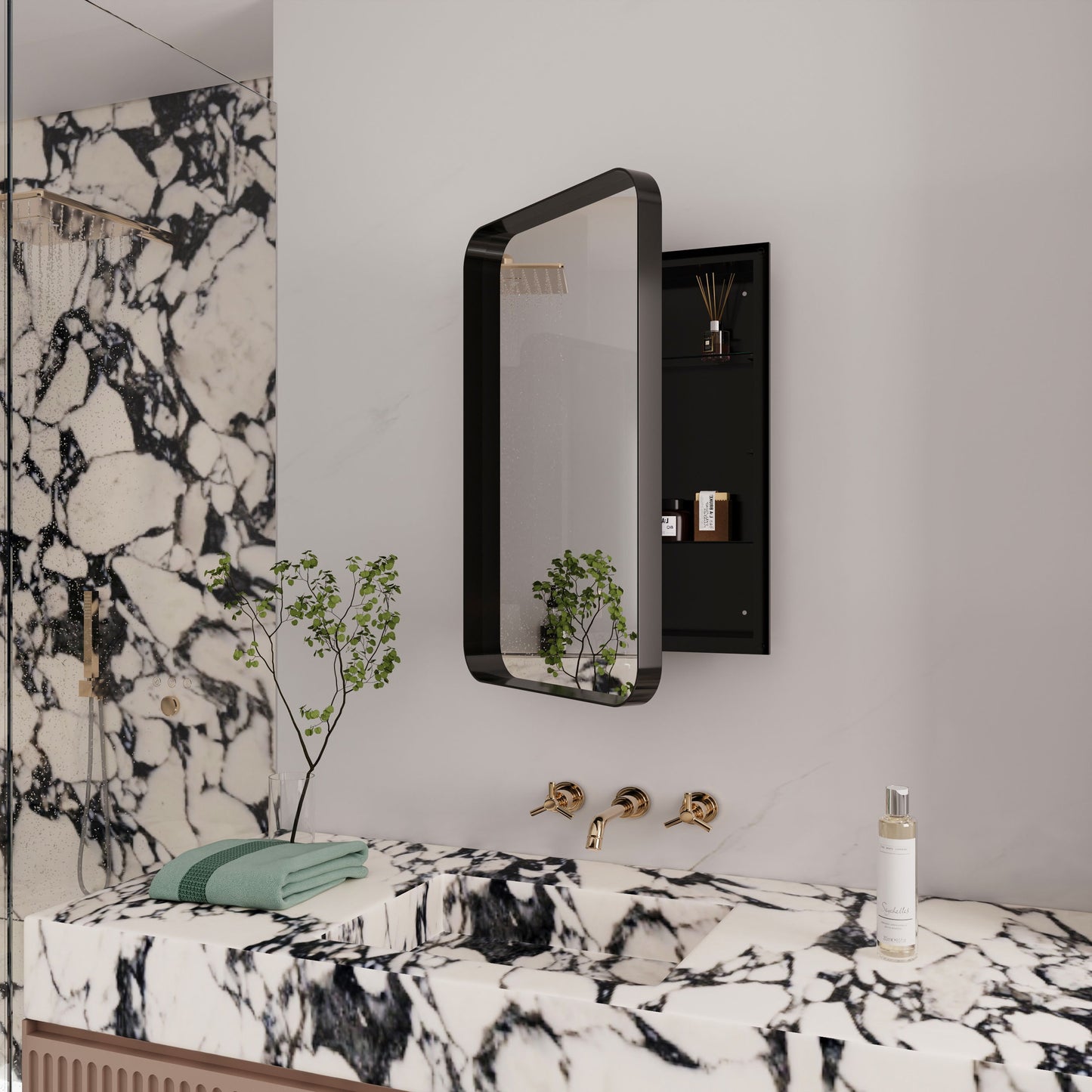 Recessed Metal Framed Medicine Cabinet With Mirror And Adjustable Shelves Wall Mirror With Storage For Bathroom - Black