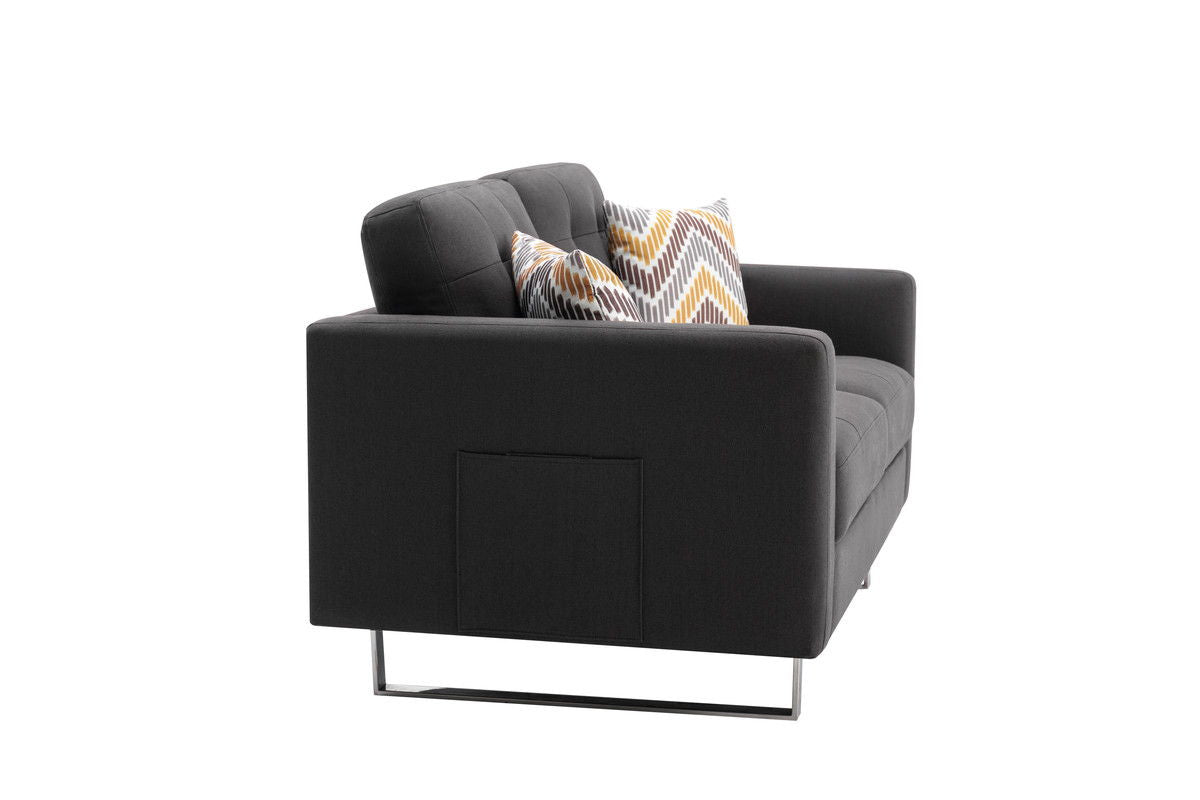 Victoria - Linen Fabric Loveseat With Metal Legs, Side Pockets, And Pillows - Dark Gray