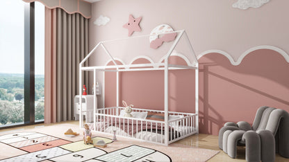 Twin Size Bed House Bed Frame With Fence - White