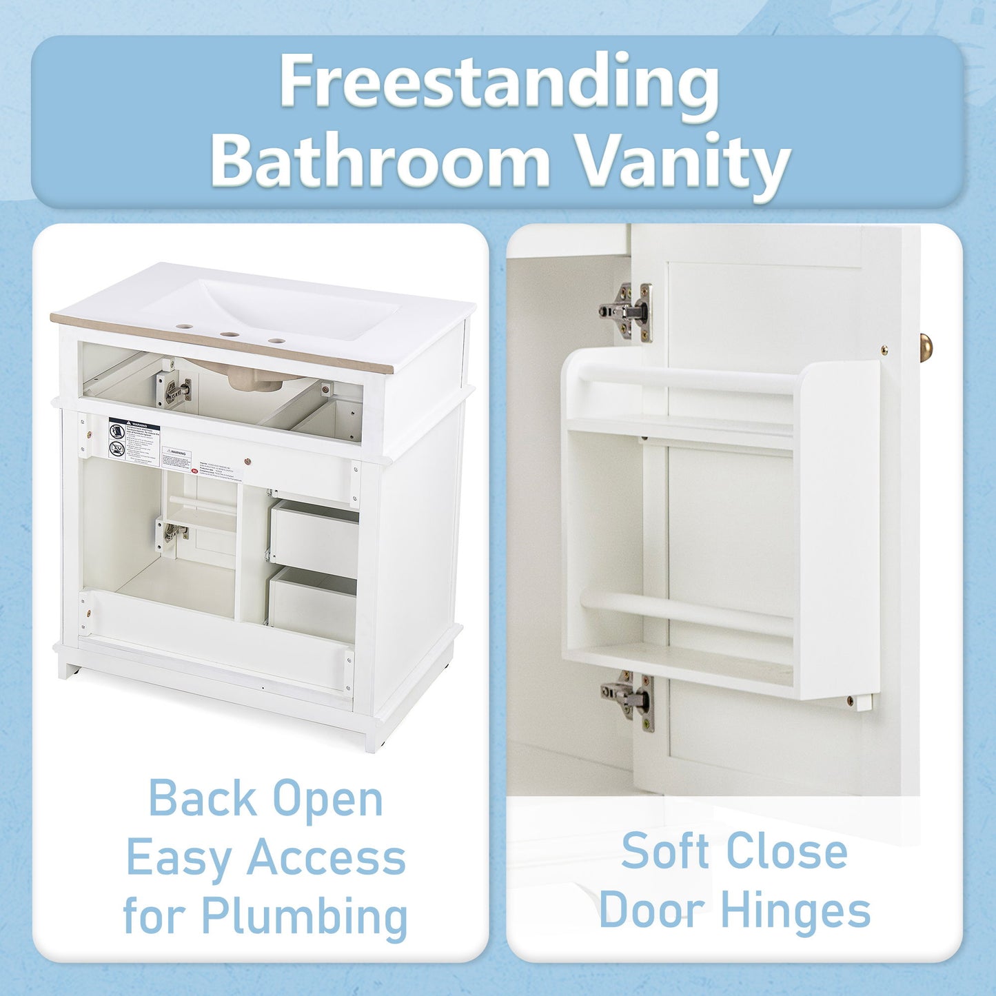 Freestanding 30" Bathroom Vanity With Sink, Soft Closing Door, Tip Out Drawer - White