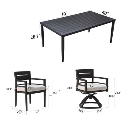 7 Piece Modern Outdoor Patio Dining Set Furniture, 4 Dining Chairs & 2 Swivel Rockers Sunbrella Fabric And Rectangle Dining Table With Umbrella Hole - Ember Black