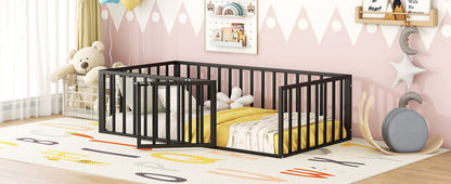 Twin Size Floor Bed Frame With Fence And Door - Black