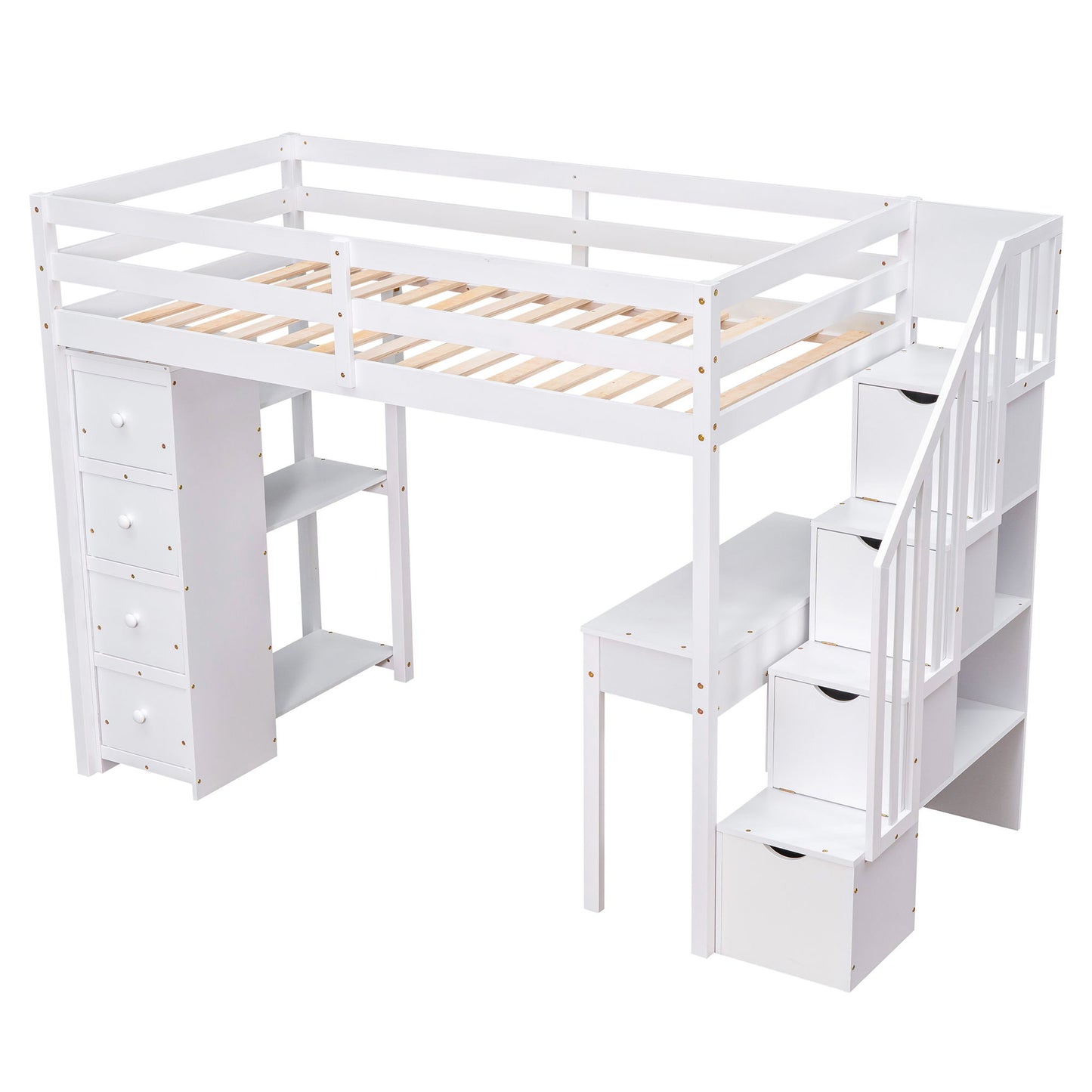 Twin Size Loft Bed With Storage Drawers, Desk And Stairs With Shelves - White
