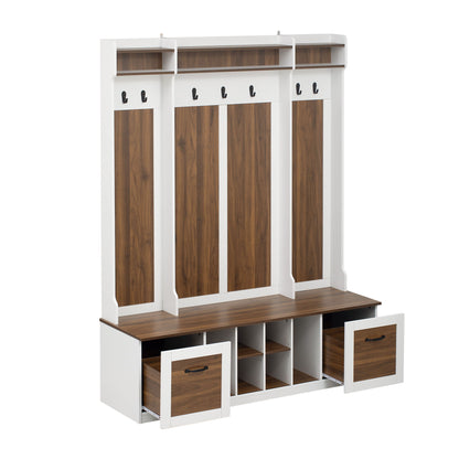 5 In 1 Entryway Bench With Coat Rack, 7 Sturdy Hooks, 2 Spacious Drawers And Adjustable Shelves, Wide Hall Tree With Metal Handles For Hallway - Brown / White