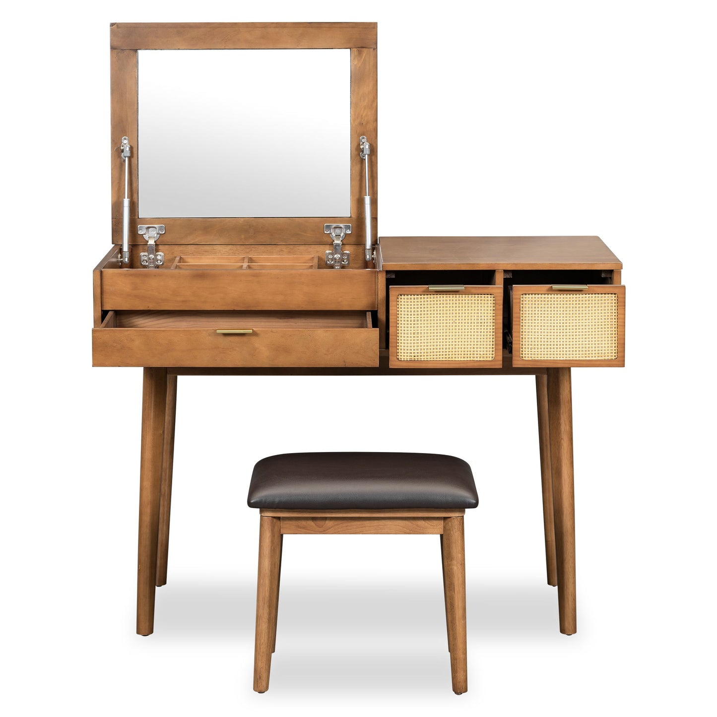 Classic Wood Makeup Vanity Set With Flip-Top Mirror And Stool, Dressing Table With Three Drawers And Storage Space - Brown