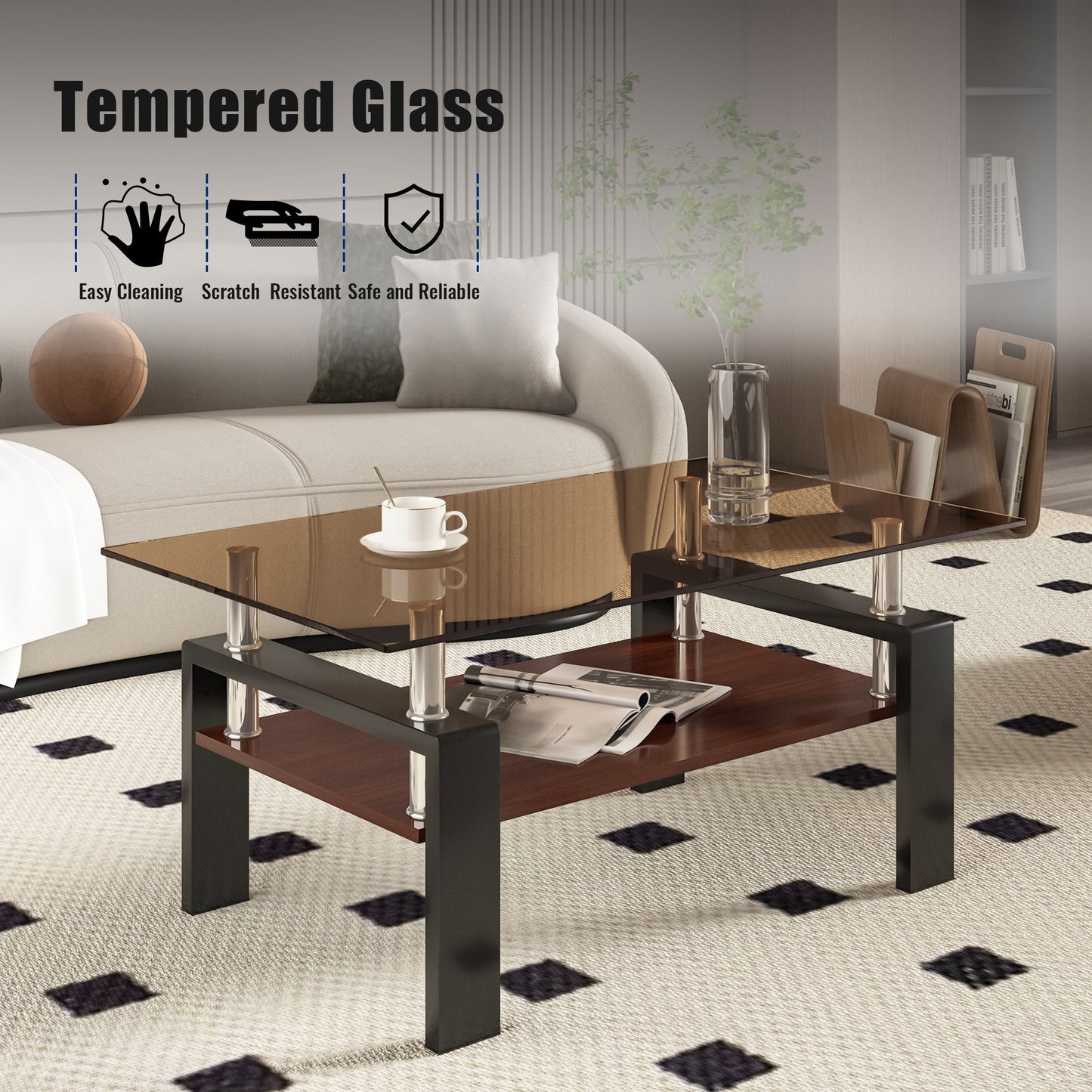 Modern Rectangular Coffee Table With Tempered Brown Glass Top And Layer Table For Living Room - Brown / Black