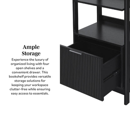Transitional Narrow Bookshelf With Drawer On Bottom - Black