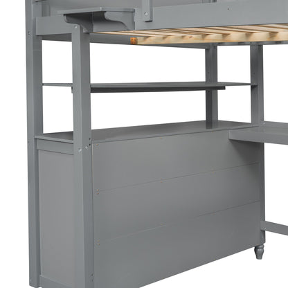 Full Size Loft Bed With Drawers And Desk With Shelves - Gray