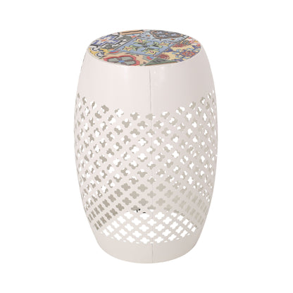 Transitional Roswell - Side Table With Tile Mosaic Top And Lace Cut Metal Frame - White