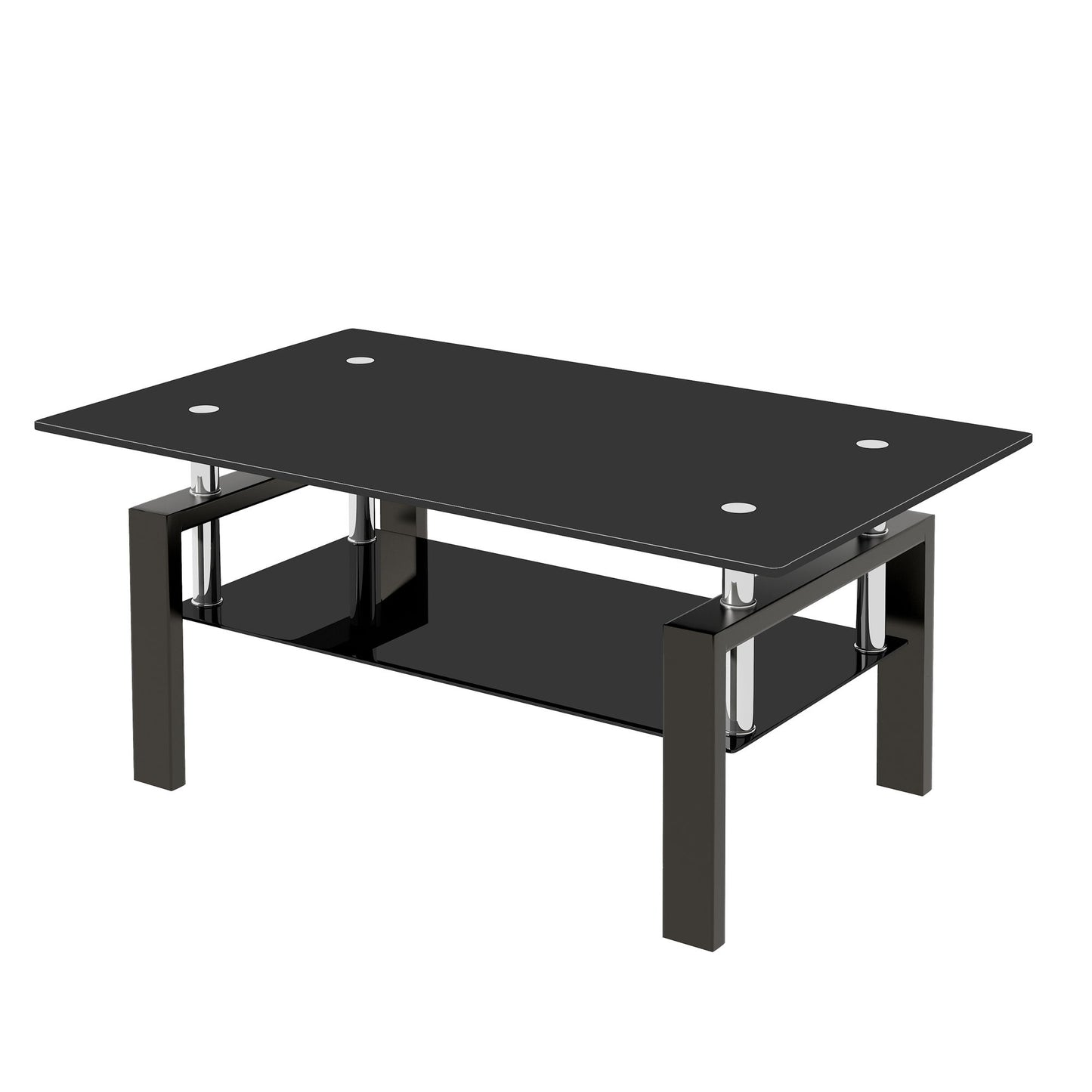 Tempered Black Glass Coffee Table, 2-Layers Tea Table - Black
