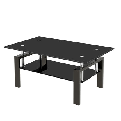 Tempered Black Glass Coffee Table, 2-Layers Tea Table - Black